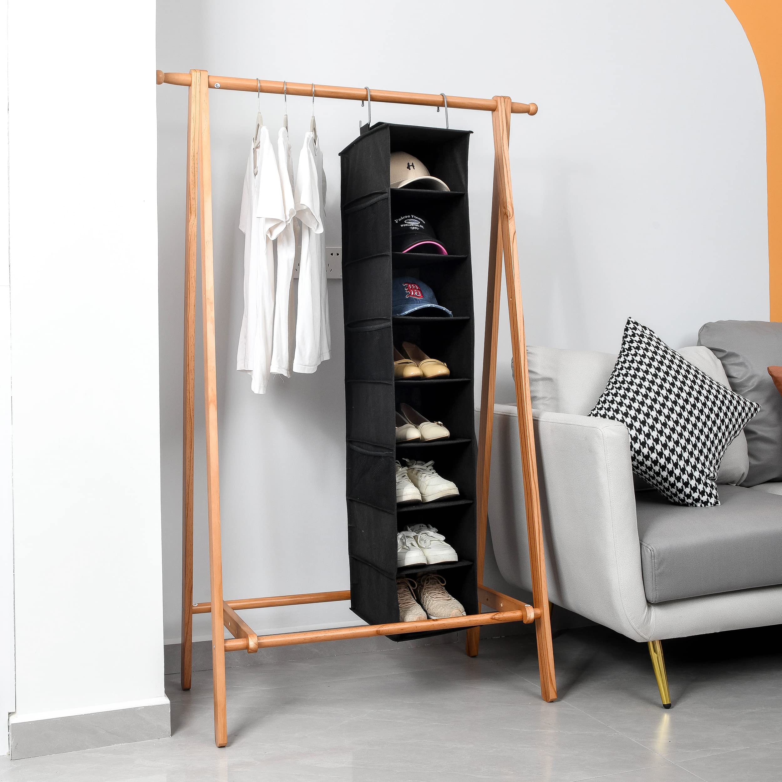 Hanging Shoe Organizer for Closet with Side Mesh Pockets - 8-Shelf Shoe & Hat Storage Holder for Baseball Caps - Space Saving Closet Organizer (Black, 2 Pack) - Perfect for Bedroom, Dorm, Entryway & Small Space Organization