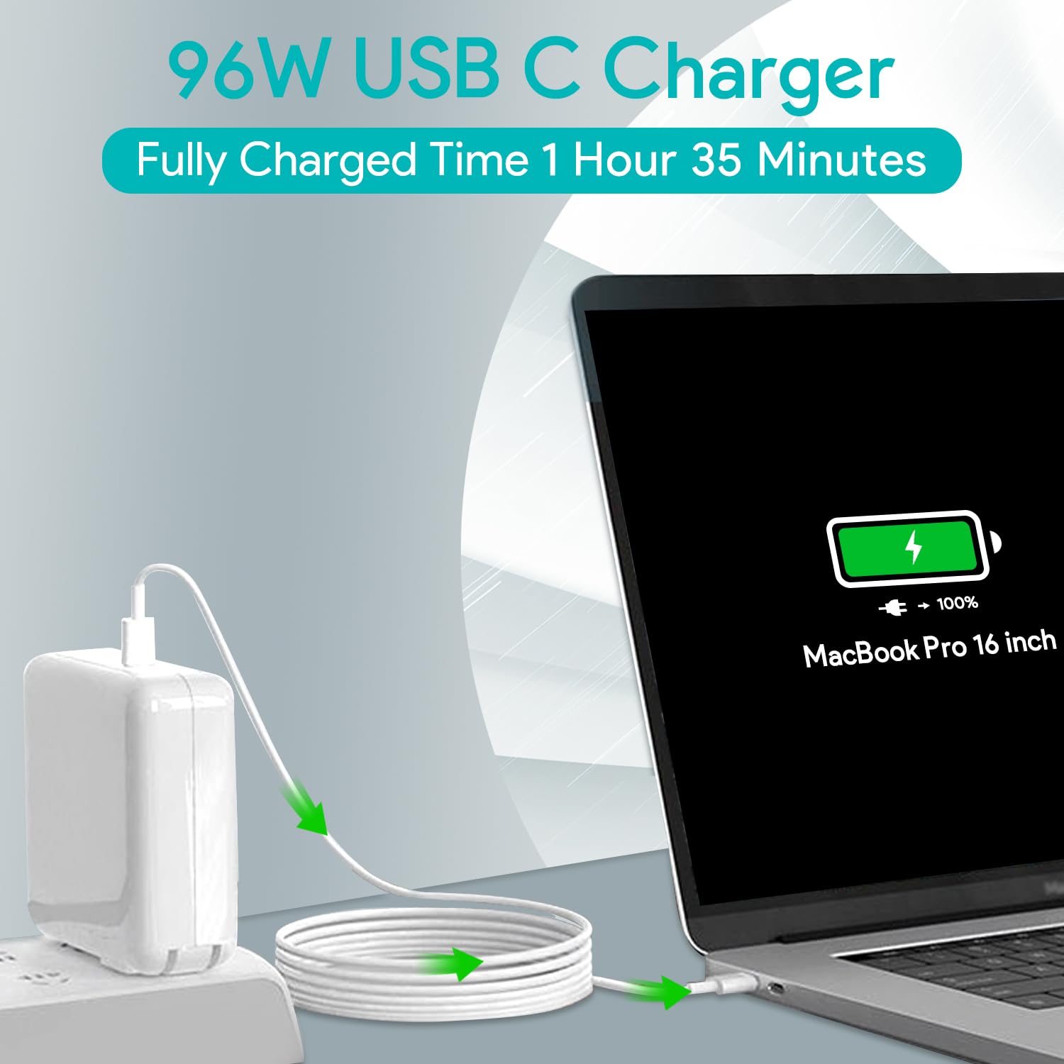 96W USB C Fast Charger for MacBook Pro & Air, iPad Pro, Samsung Galaxy - 6.6ft Cable Included | Perfect for Home, Office & Travel Charging Needs
