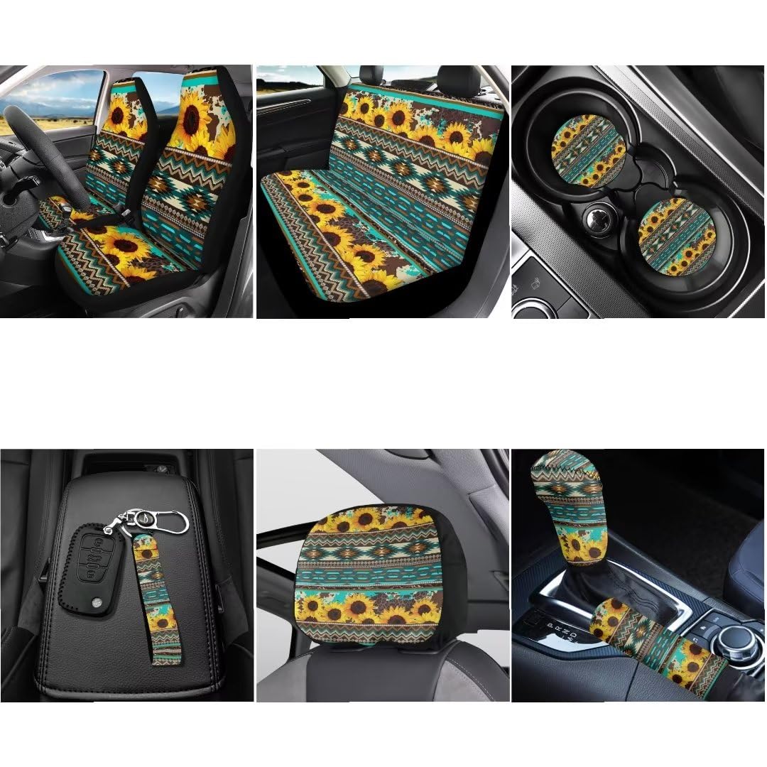 Western Aztec Car Seat Cover Set - 11pcs with Key Holder & Protectors for Travel
