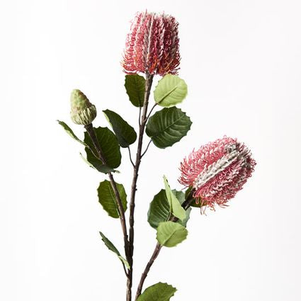 Banksia Spray (Pink) - Artificial Flower Stems for Home Decor, Wedding Bouquets, and Centerpieces