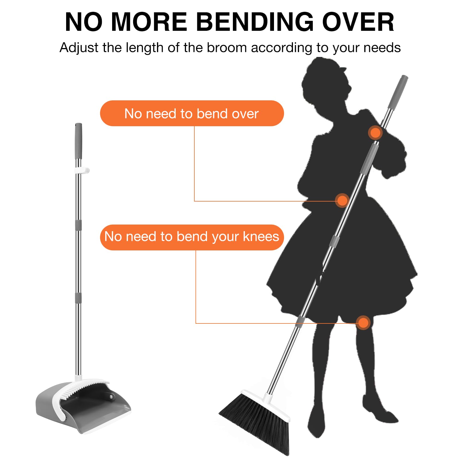 **52-inch Adjustable Broom and Dustpan Set with Dustpan Teeth - Long Handle Sweeping Combo for Hair & Debris - Ideal for Home, Kitchen, Office & Hall Floors (Grey & White)**    *(Perfect for Hardwood, Tile & Laminate Floors - Easy Storage & Efficient Cleaning!)*