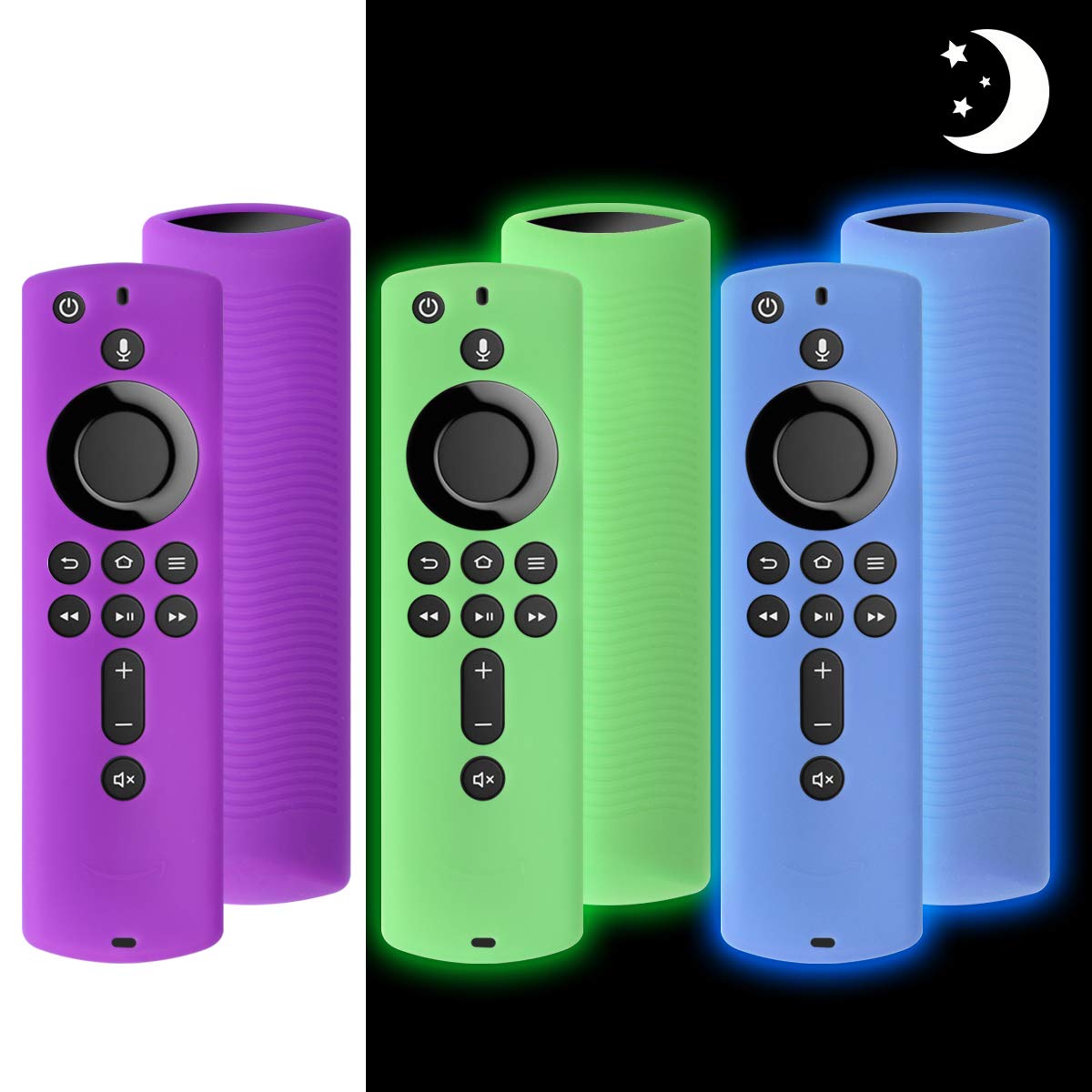 3 Pack Silicone Remote Cover Case for Fire TV Stick - Lightweight, Anti-Slip, Shockproof Protective Case (Purple, Green Glow & Blue Glow) | Perfect for Living Room, Bedroom & Home Theater Use