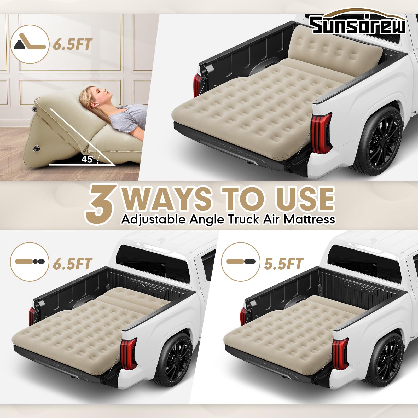 2025 Upgraded Truck Bed Air Mattress for 5.5-6.5Ft Full-Size Trucks | Inflatable Mattress with Built-in Pillow | Adjustable Camping Air Bed for Short Truck Beds | Perfect for Outdoor Adventures, Road Trips & Home Use (Beige)