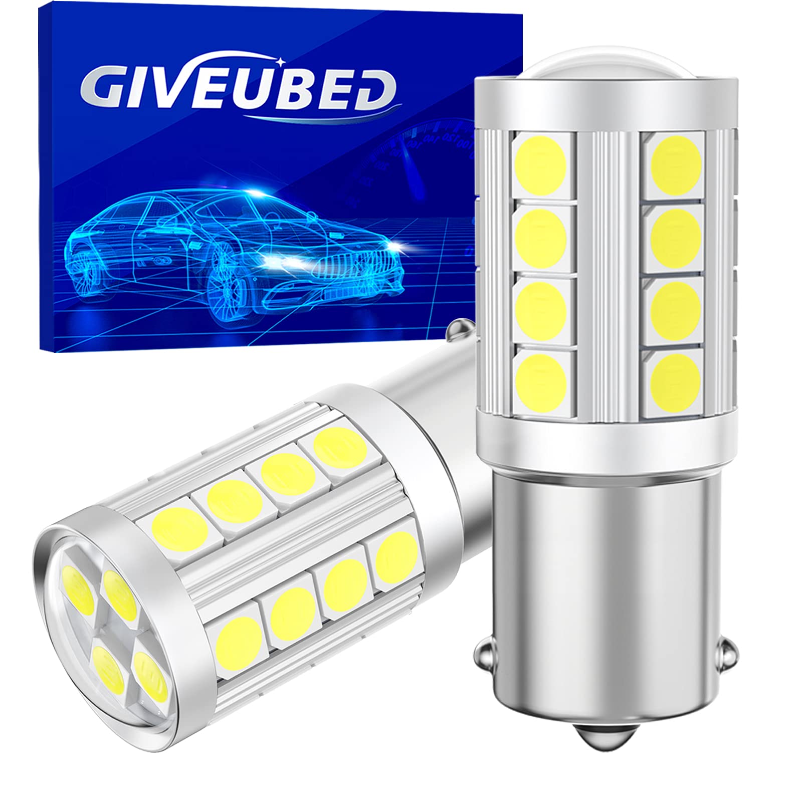 GIVEUBED 1156 LED Bulbs - Super Bright 12V-24V BA15S 1141 7506 P21W Projector Light - Xenon White - Pack of 2 - Perfect for RV Interior, Brake, Tail, Parking & Backup Lights Replacement
