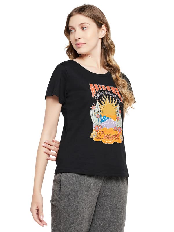 Clovia Women's Cotton Regular Fit Text & Graphic Print T-Shirt - Casual Comfort Top for Everyday Wear, Outings & Lounge