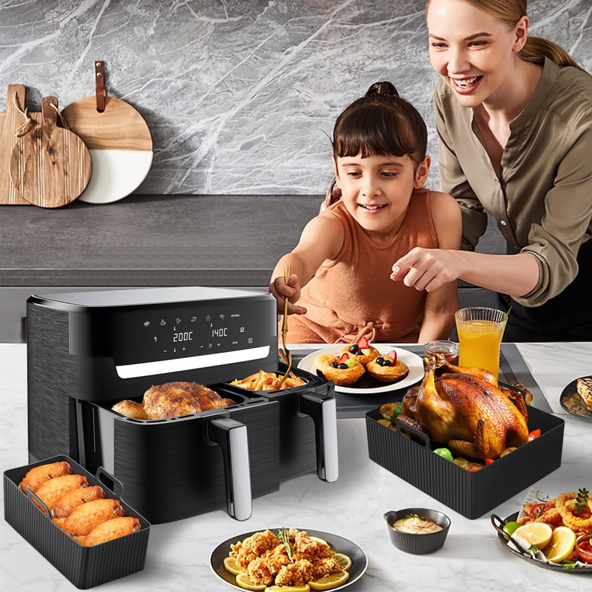 VIRIECH Silicone Air Fryer Accessories Set of 2 - Compatible with Moulinex EY9018, Dual Air Fryer Lakeland 5L/3L, Tower T17099, Salter EK5729 - Reusable Non-Stick Baking Molds for Oil-Free Cooking - Perfect for Roasting, Baking, and Meal Prep