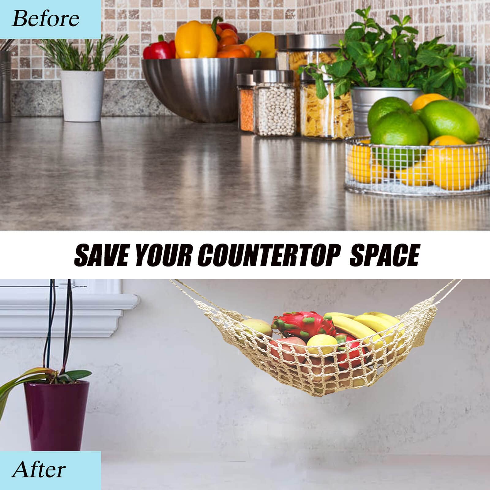 Large Macrame Fruit Hammock Under Cabinet - Space Saving Hanging Basket for Bananas, Vegetables & Fruits - Perfect for Kitchen, RV, Camper & Small Spaces - Natural Cotton Storage Solution for Fresh Produce