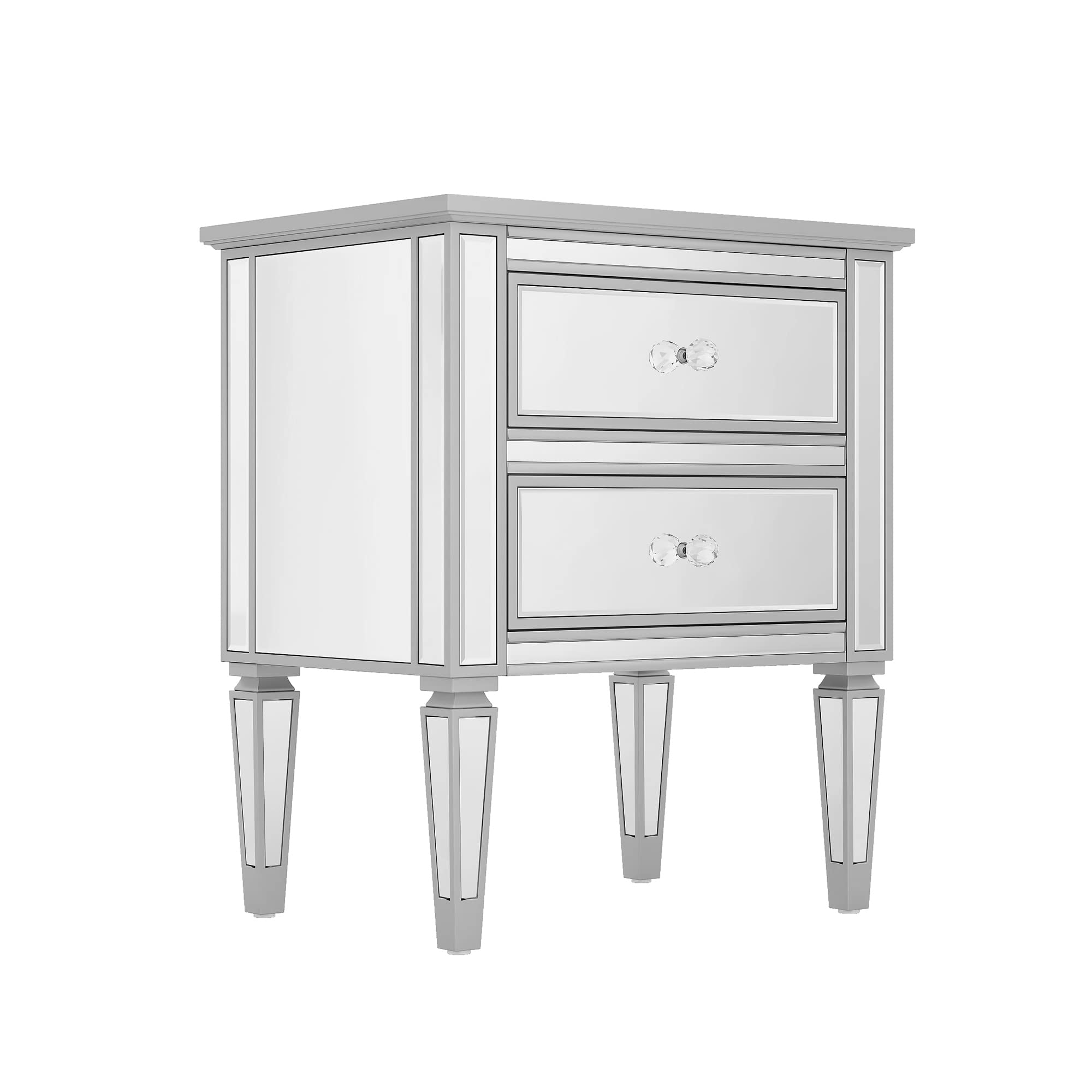 SOFTSEA Modern Mirrored Nightstand with 2 Drawers & Crystal Knobs - Silver Finish Accent Side Table for Bedroom, Living Room - Perfect for Small Spaces, Guest Rooms & Apartment Decor