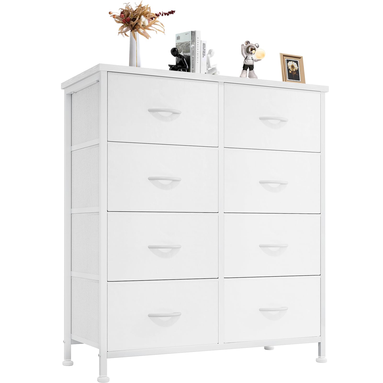 DUMOS 8-Drawer Fabric Dresser for Bedroom - Tall Clothing Storage Organizer with Cabinet | Wooden Top & Metal Frame | Lightweight Nursery Furniture for Kids Room & Closet | Perfect for Baby Clothes, Toys & Home Organization (White)
