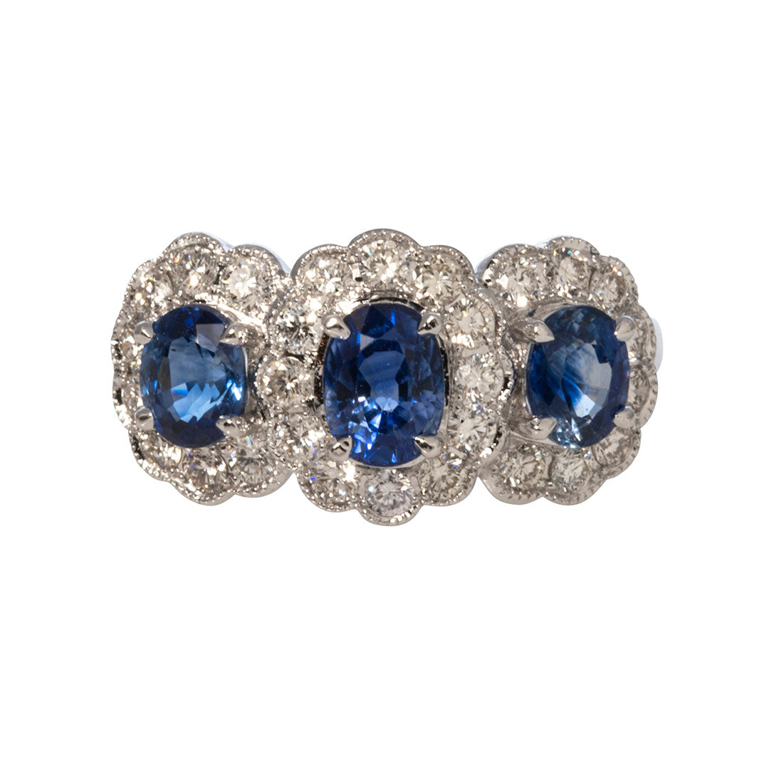Three Stone Oval Sapphire & Diamond Halo 14K White Gold Engagement Ring for Women - Perfect for Proposals, Anniversaries & Special Occasions