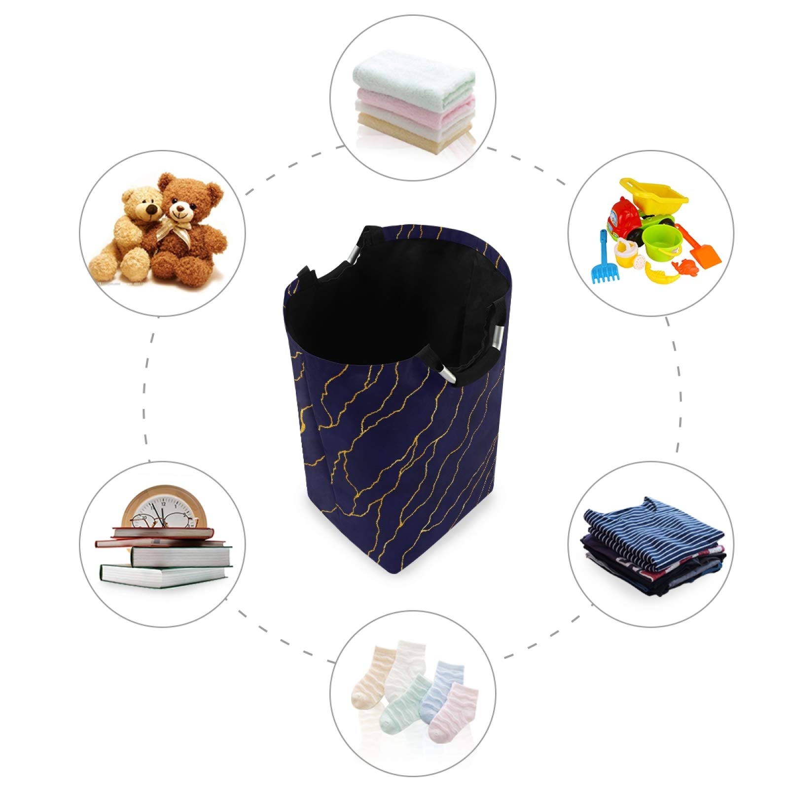 Susiyo Collapsible Laundry Hamper - Foldable Navy Blue Clothes Basket with Gold Foil Lines & Handles, Large Storage Organizer for Kids Room, Bathroom, Toy Bin | Perfect for Laundry, Clothes Storage & Home Organization