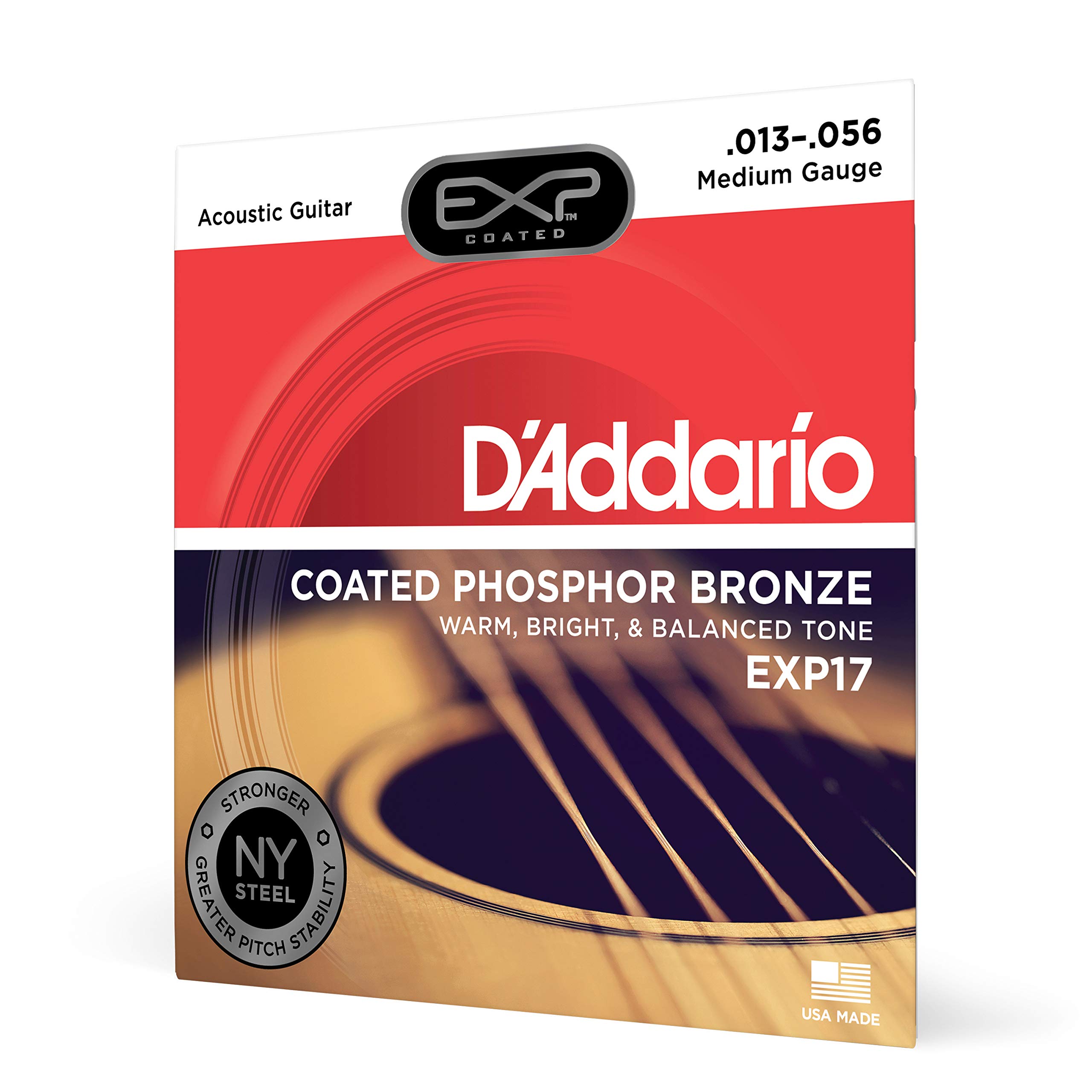 D'Addario EXP17 Coated Phosphor Bronze Acoustic Guitar Strings - Light Gauge (13-56) - Warm Bright Balanced Tone - 4x Longer Life - NY Steel for Strength & Stability - Perfect for Recording, Live Performance & Studio Sessions