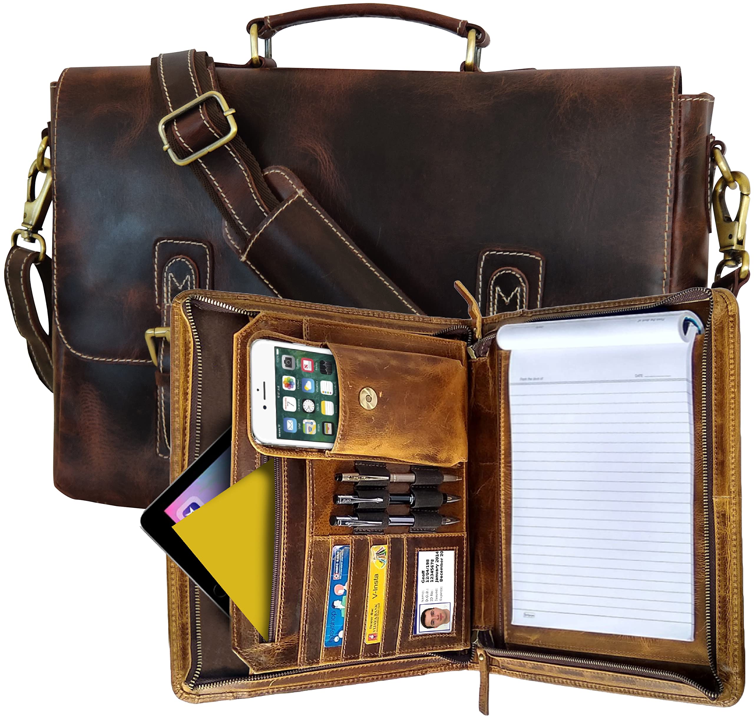 Genuine Leather Portfolio & Laptop Messenger Bag Set - Professional Business Organizer for Men & Women - Perfect for School, Office & Work Commute - Ideal Gift for Professionals & Students