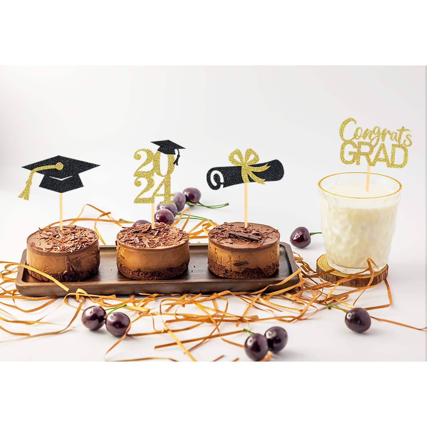 24Pcs Graduation Cupcake Toppers - Class of 2024 Gold Cupcake Picks for Food Decorations | Perfect for Graduation Parties, School Celebrations & Dessert Decor