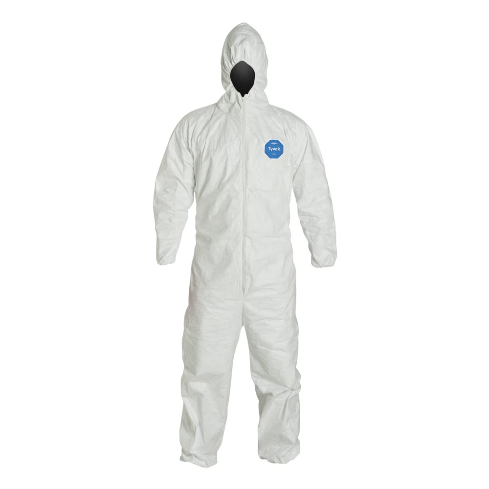 DuPont Tyvek 400 TY127S Disposable Protective Coverall with Respirator-Fit Hood & Elastic Cuffs - White PPE Suit for Chemical Protection, Healthcare & Industrial Safety | Ideal for Medical Workers, Lab Technicians & Hazardous Material Handling