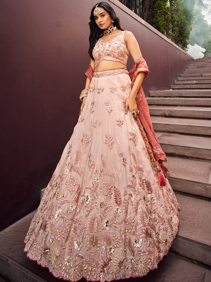 Golden Sequined Embroidered Viscose Lehenga Choli with Contrast Dupatta - Beige Bridal Party Wear for Indian Weddings & Festivals (D558)