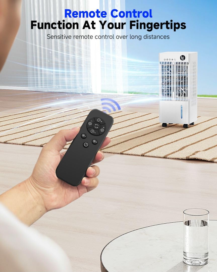 Portable Air Conditioner Fan with Water Cooling - 70W Evaporative Cooler, 24H Timer, 3 Speed Modes, 120° Oscillation & Remote Control - Includes 2 Cooling Pads for Home, Office, and Outdoor Use