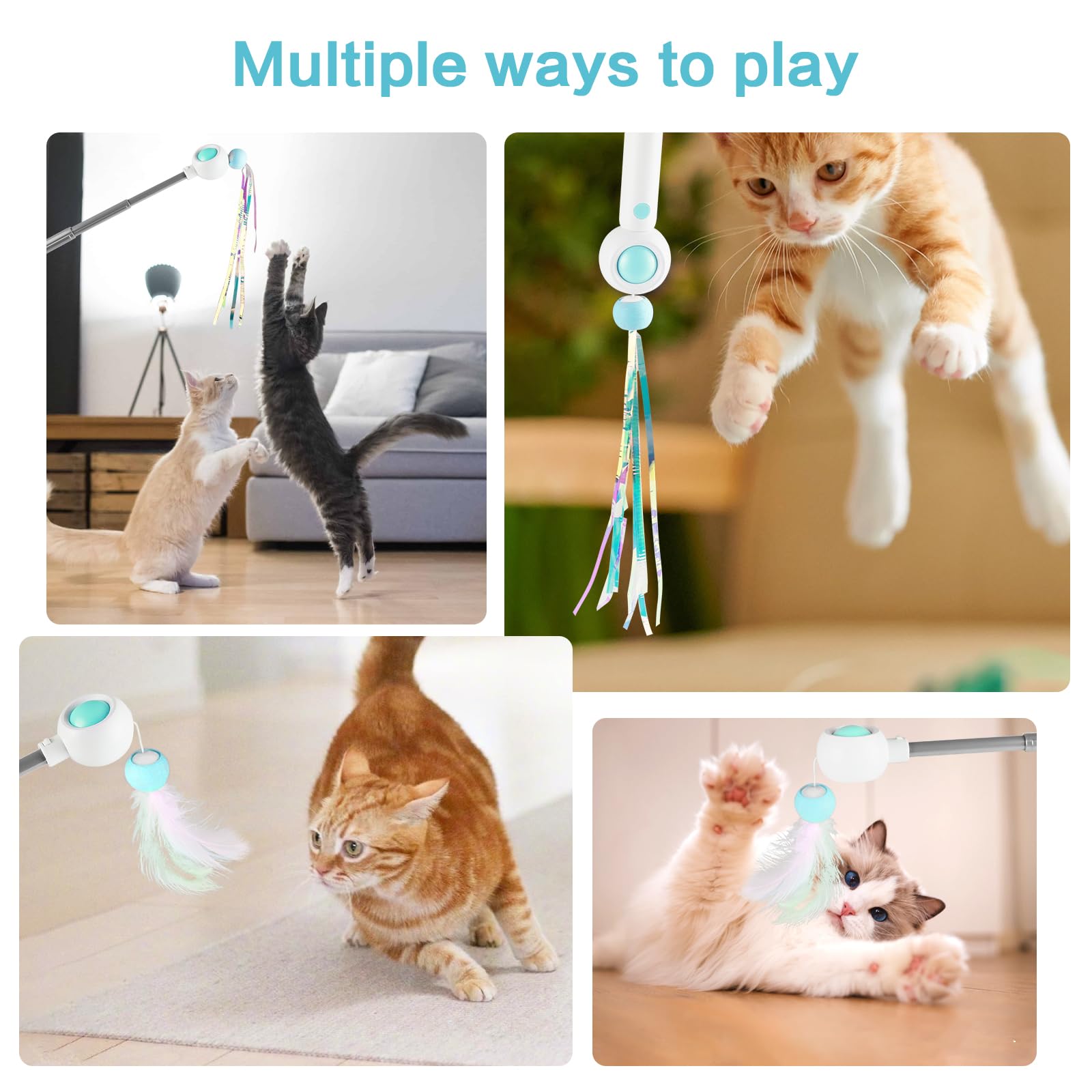 Interactive Cat Wand Toy with Replaceable Feathers & Tassels - Fun Exercise Toy for Indoor Cats to Chase & Play - Perfect for Playtime, Training & Bonding (Blue)