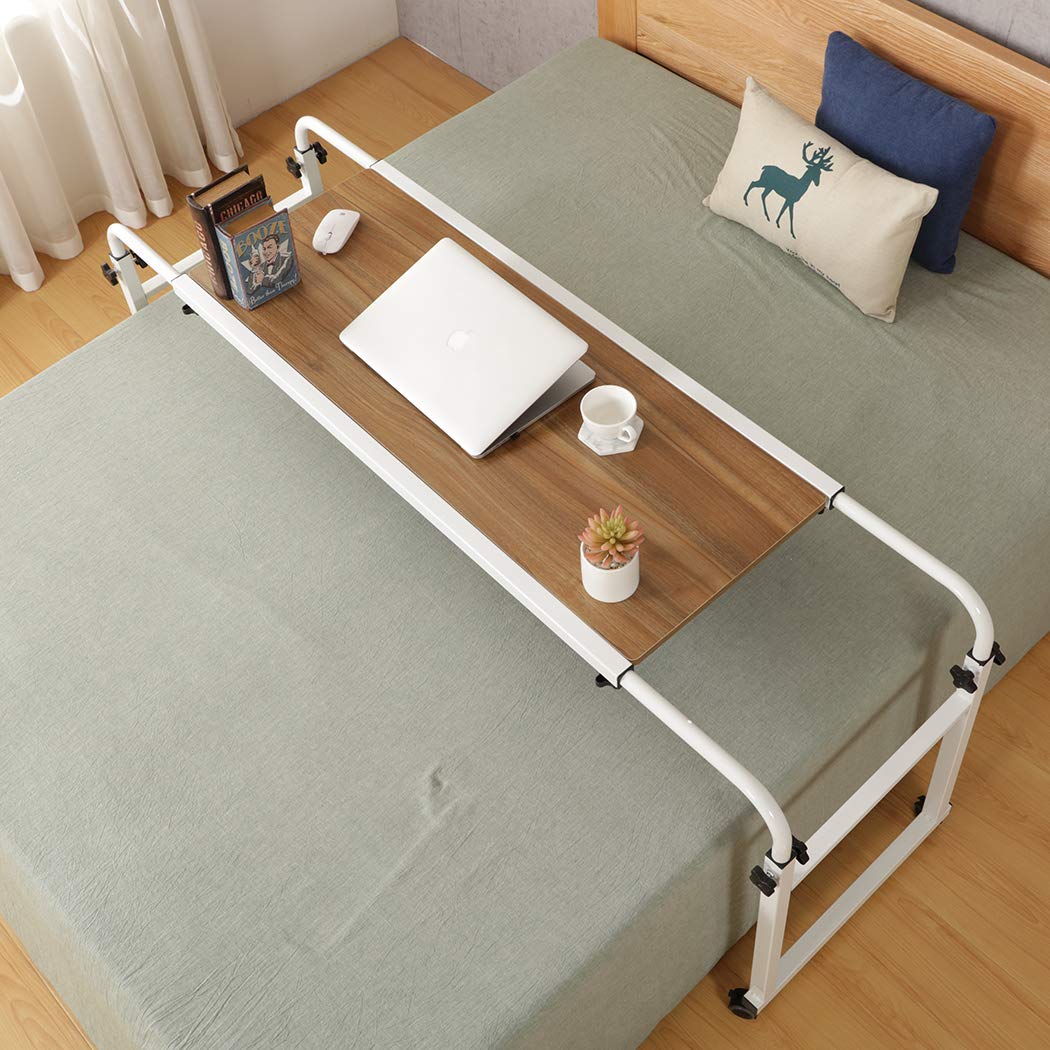 Adjustable Overbed Laptop Desk with Wheels - Rolling Bed Table for King/Queen Size Beds - Portable Workstation in Ancient Oak Finish - Perfect for Home Office, Hospital Use, and Bedside Computing