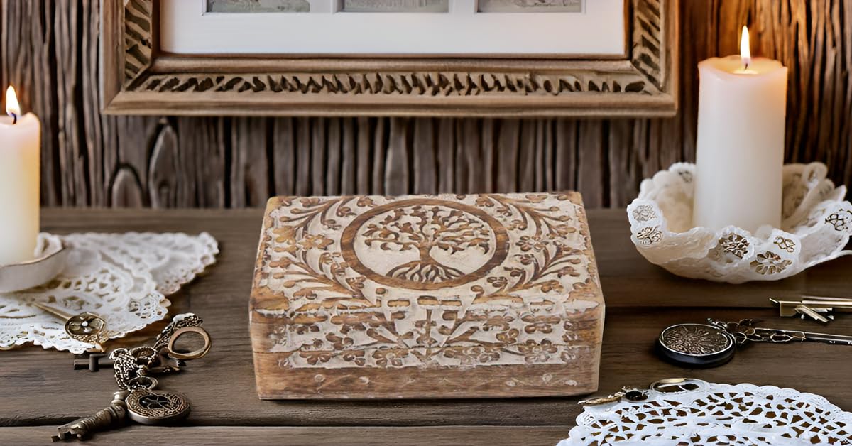 Handmade Wooden Jewelry Box with Tree of Life Carving - Jewelry Organizer, Keepsake Box & Treasure Chest for Women - Perfect Birthday, Housewarming Gift & Watch Storage - Elegant Home Decor & Travel Jewelry Case
