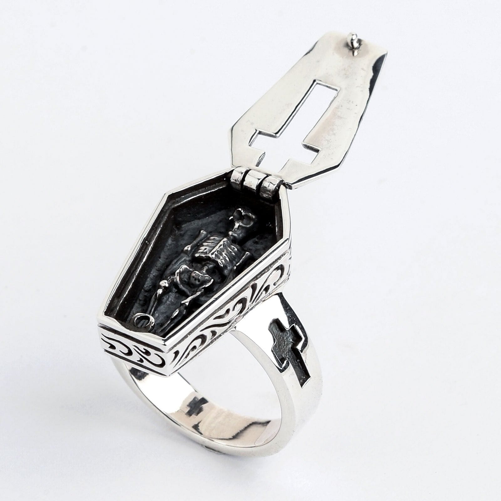 Gothic Sterling Silver Skull Skeleton Coffin Ring for Men Women - Punk Jewelry for Halloween, Gothic Fashion & Alternative Style