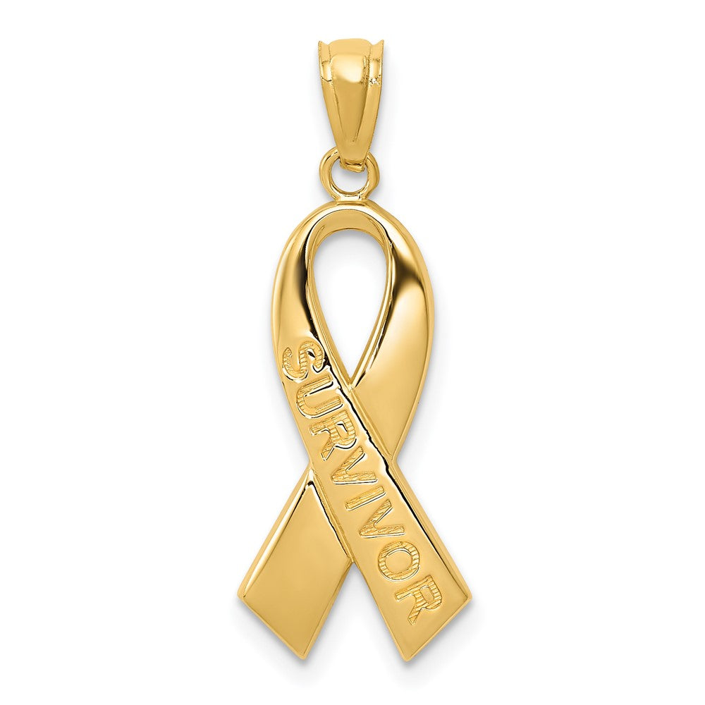 Gold Polished 'SURVIVOR' Ribbon Pendant Necklace - Inspirational Jewelry for Cancer Survivors, Awareness Gifts & Everyday Wear