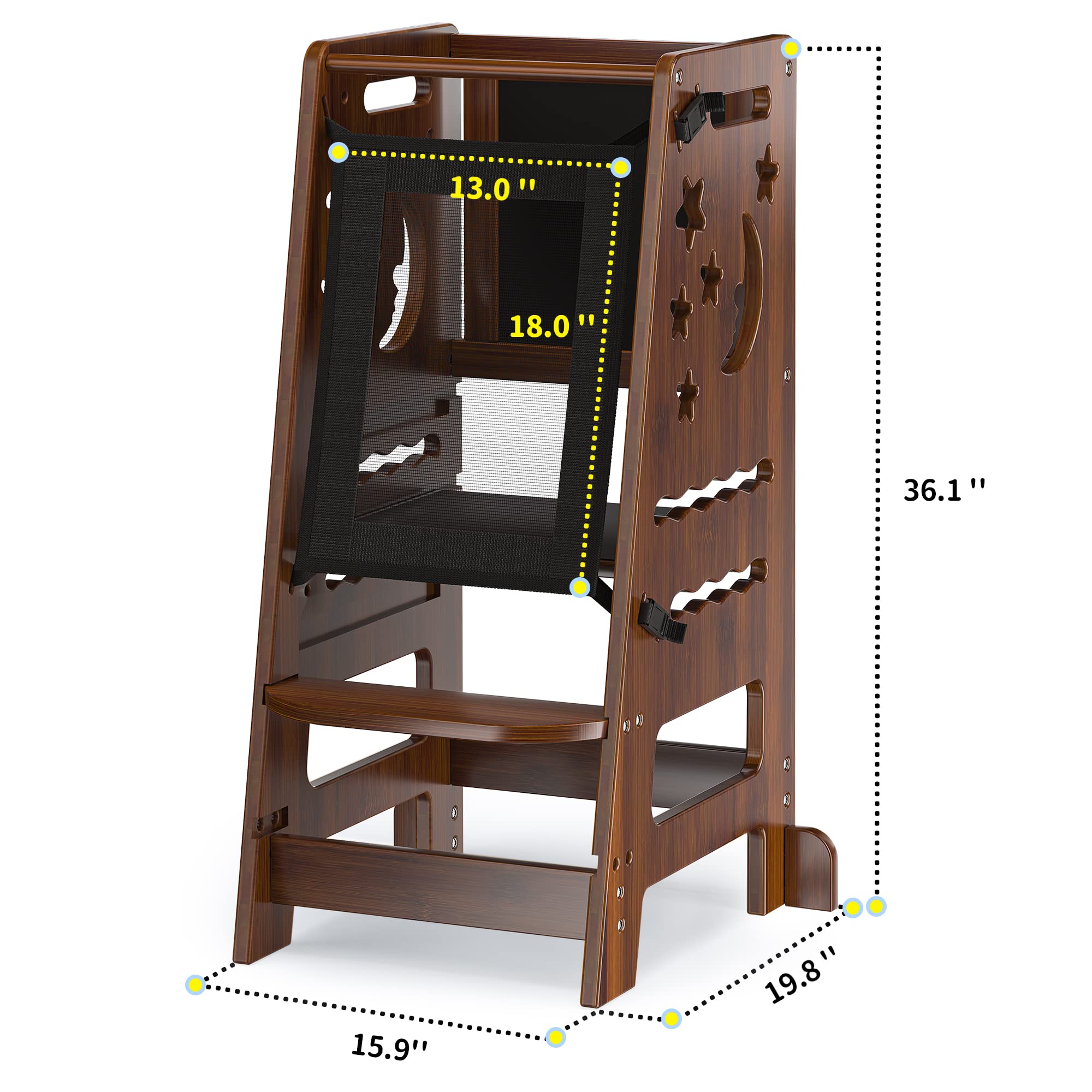 TOETOL Adjustable Bamboo Step Stool for Kids - Toddler Learning Tower with Safety Rail & Black White Activity Board - Perfect for Kitchen, Bathroom Sink, and Playtime Learning