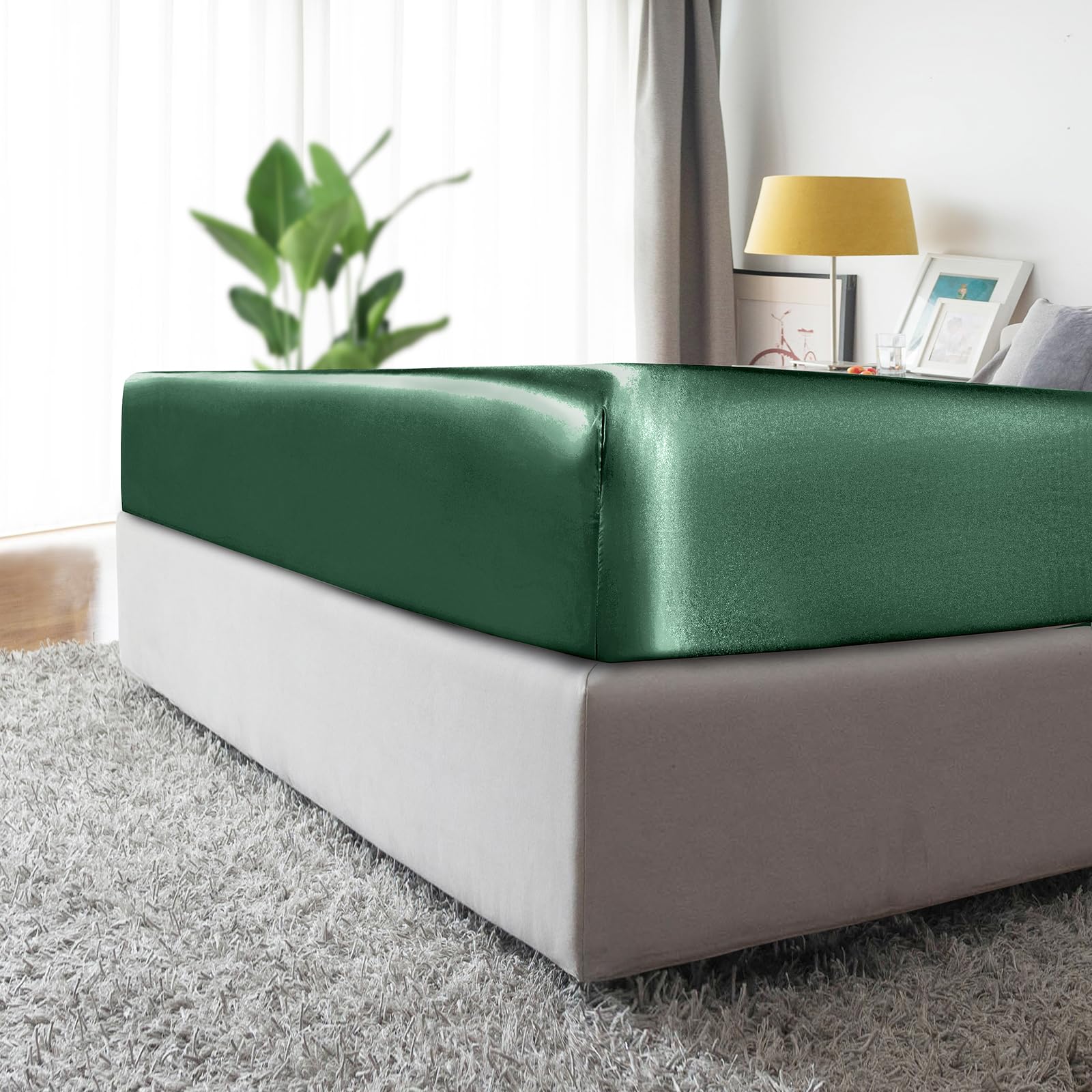 Premium MILVOWOC Queen Satin Fitted Sheet - Soft Blackish Green Bottom Sheet Only (1 Piece) for Luxurious Bedroom Comfort | Perfect for Hotels, Guest Rooms & Home Decor