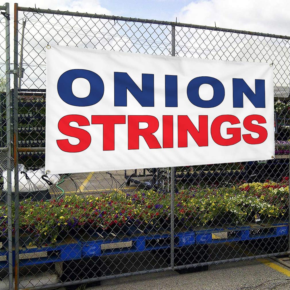 Vinyl Banner - 36x72 Inches, Weatherproof Outdoor Sign with 6 Grommets for Restaurants, Food Trucks & Industrial Use - Blue & Red Onion Strings Design