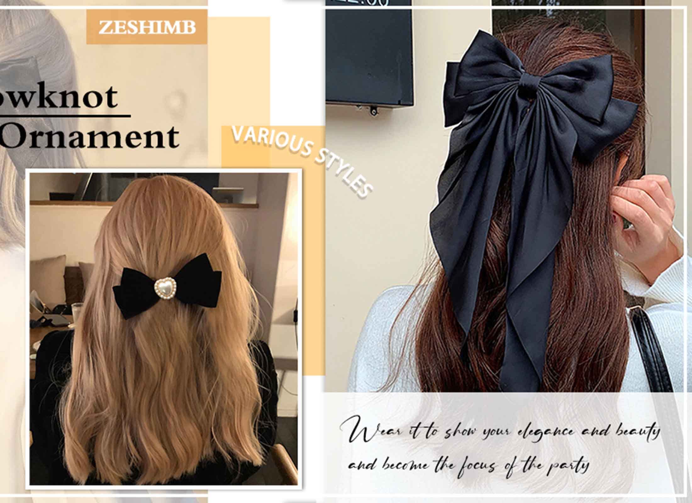 Wendalern Velvet Bow Hair Clips - Black Satin Ribbon Hair Accessories with Pearl Ponytail Holder for Women & Girls | Elegant Headpieces for Weddings, Parties, Prom & Daily Wear