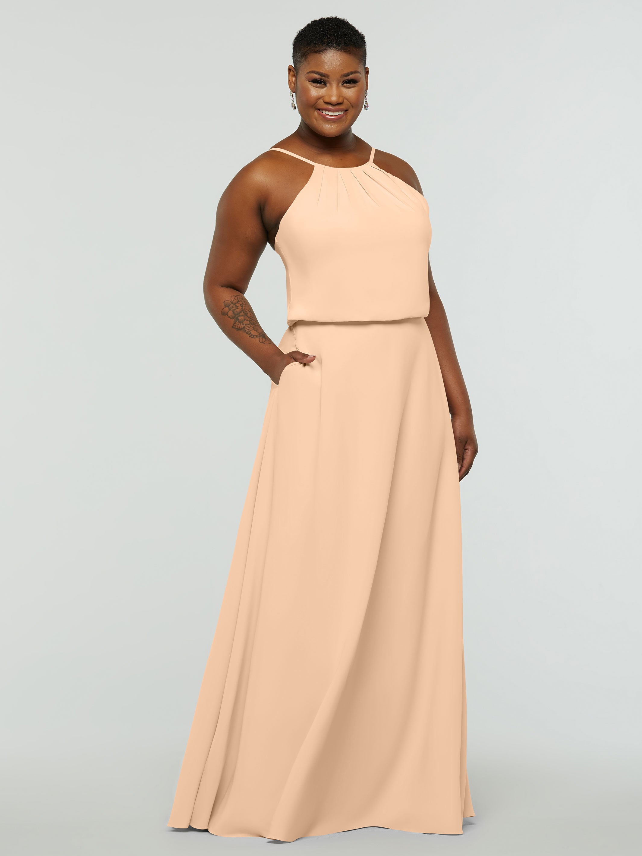 Elegant 83015 Stretch Chiffon A-Line Bridesmaid Dress with Halter Neckline - Perfect for Weddings, Formal Events & Special Occasions