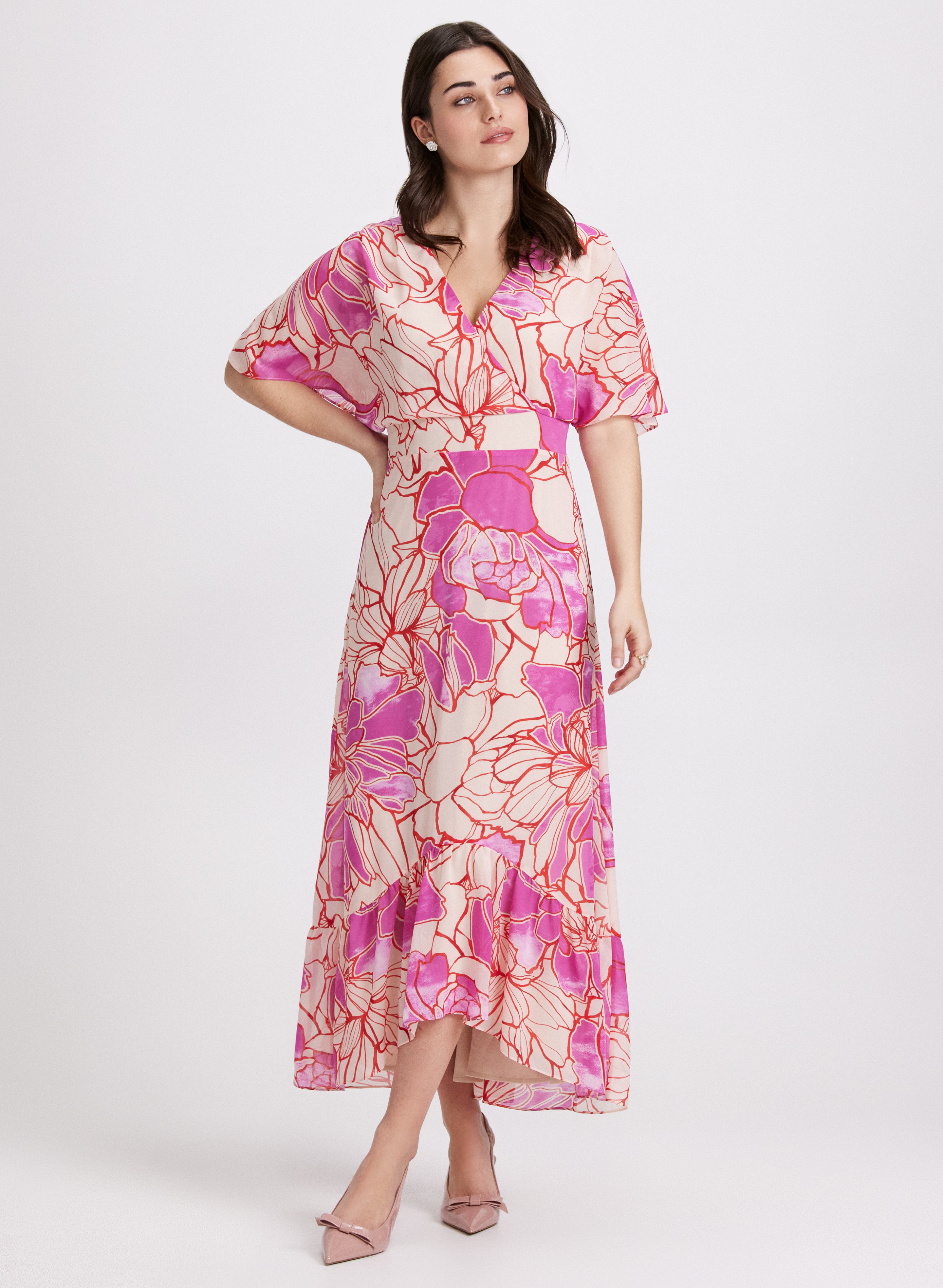Elegant Floral Chiffon Dress for Women - Summer Boho Maxi Dress with V-Neck & Flowy Sleeves | Perfect for Beach Vacations, Weddings & Date Nights