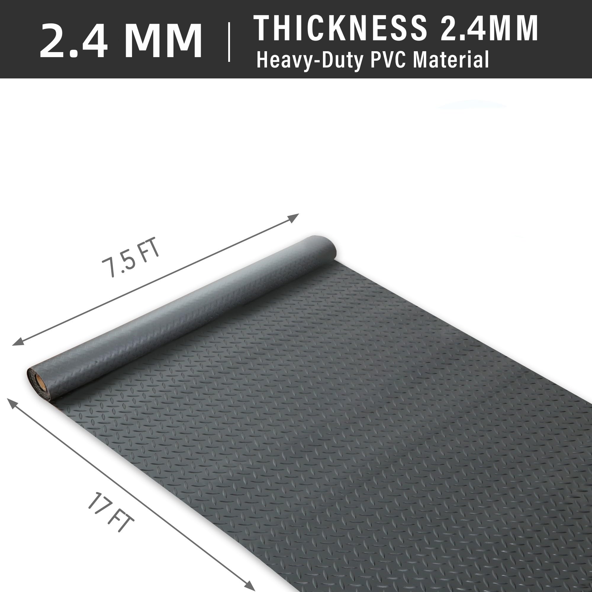 7.5 x 17 FT Heavy Duty PVC Garage Floor Mat Roll - Diamond Plate Pattern, 2.4mm Thickness, Waterproof Parking Mat for Garage, Workshop & Driveway Protection - Black
