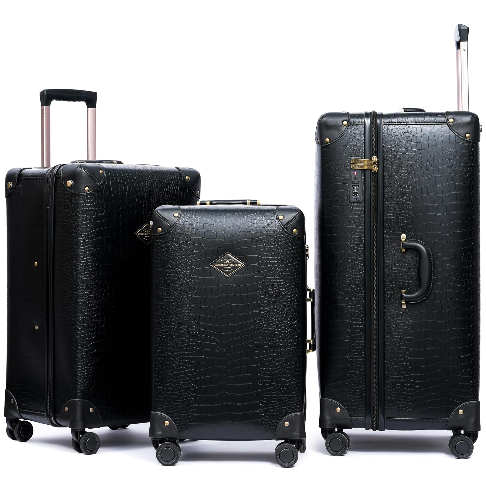 Vintage Crocodile Pattern 3-Piece Faux Leather Luggage Set - 20/24/28 Inch Hardside Spinner Suitcases with TSA Lock & Rose Gold Telescopic Handle, Black - Perfect for Business Travel, Vacation & Airplane Carry-On