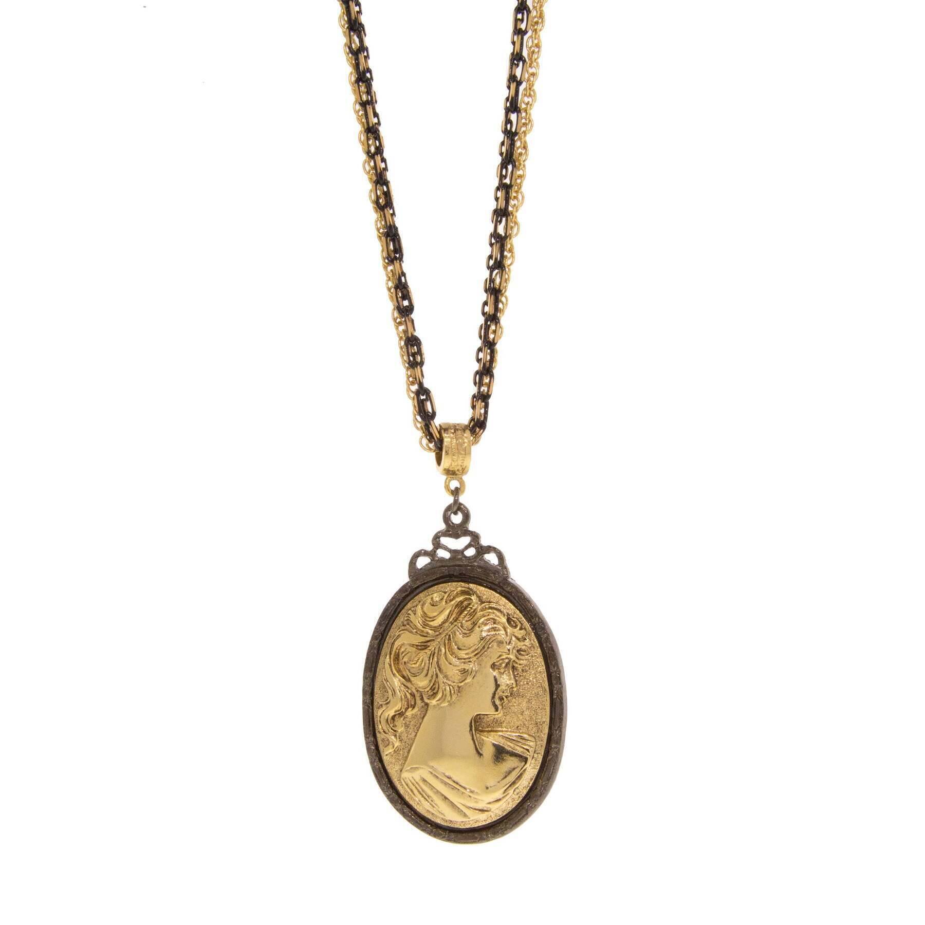 1928 Jewelry Black & Gold Multi-Chain Oval Cameo Pendant Necklace with 16