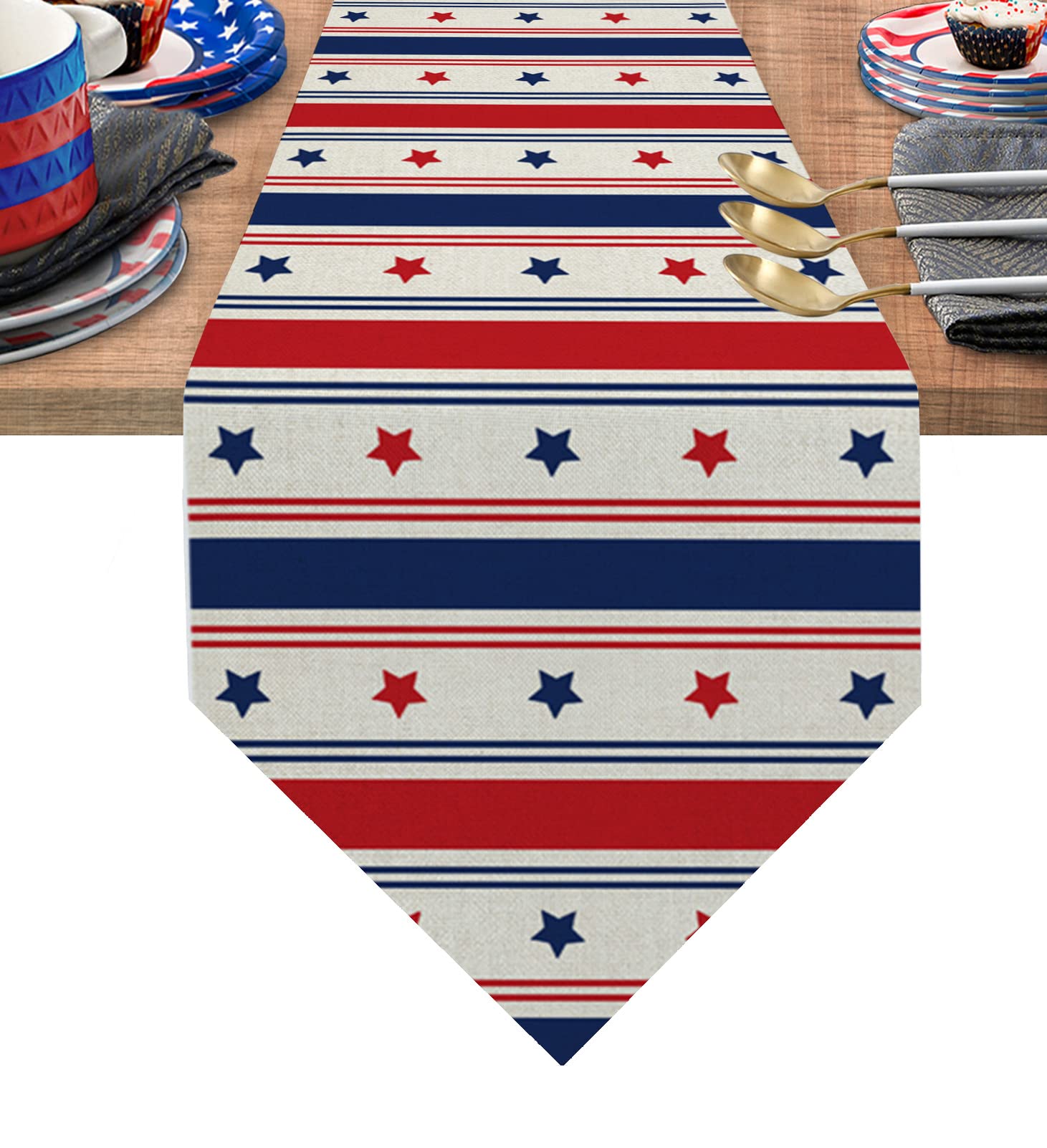 Red White and Blue Star Striped Linen Burlap Table Runner - Farmhouse Retro Kitchen Dining Room Decor - Durable Washable Table Scarf for Indoor Outdoor Use - Perfect for 4th of July, Memorial Day, and Patriotic Home Decor