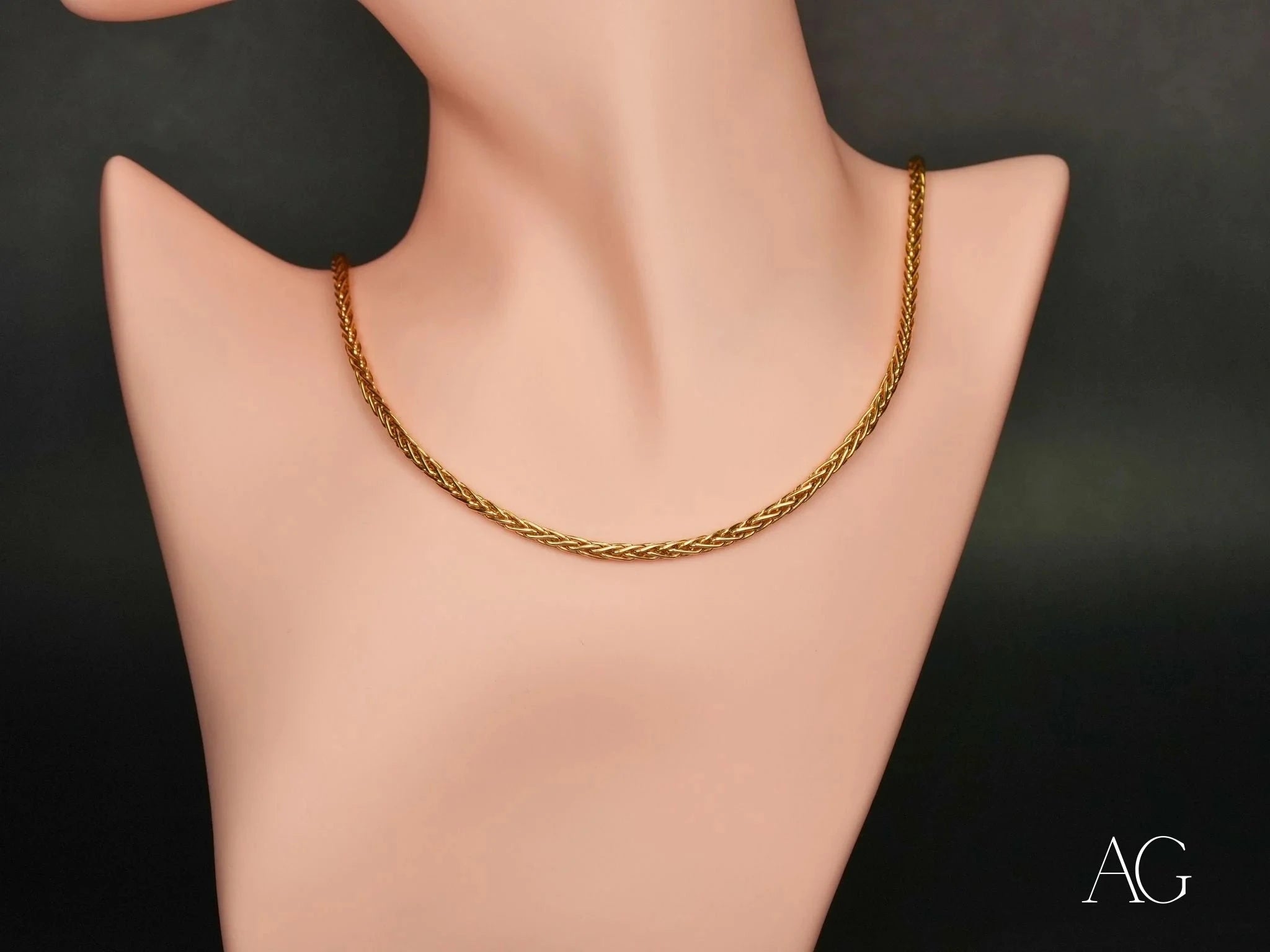 18K Gold Round Spiga Chain Necklace - 3.2mm Italian Style Weave for Women, Men | Perfect for Layering, Gift Giving & Everyday Wear