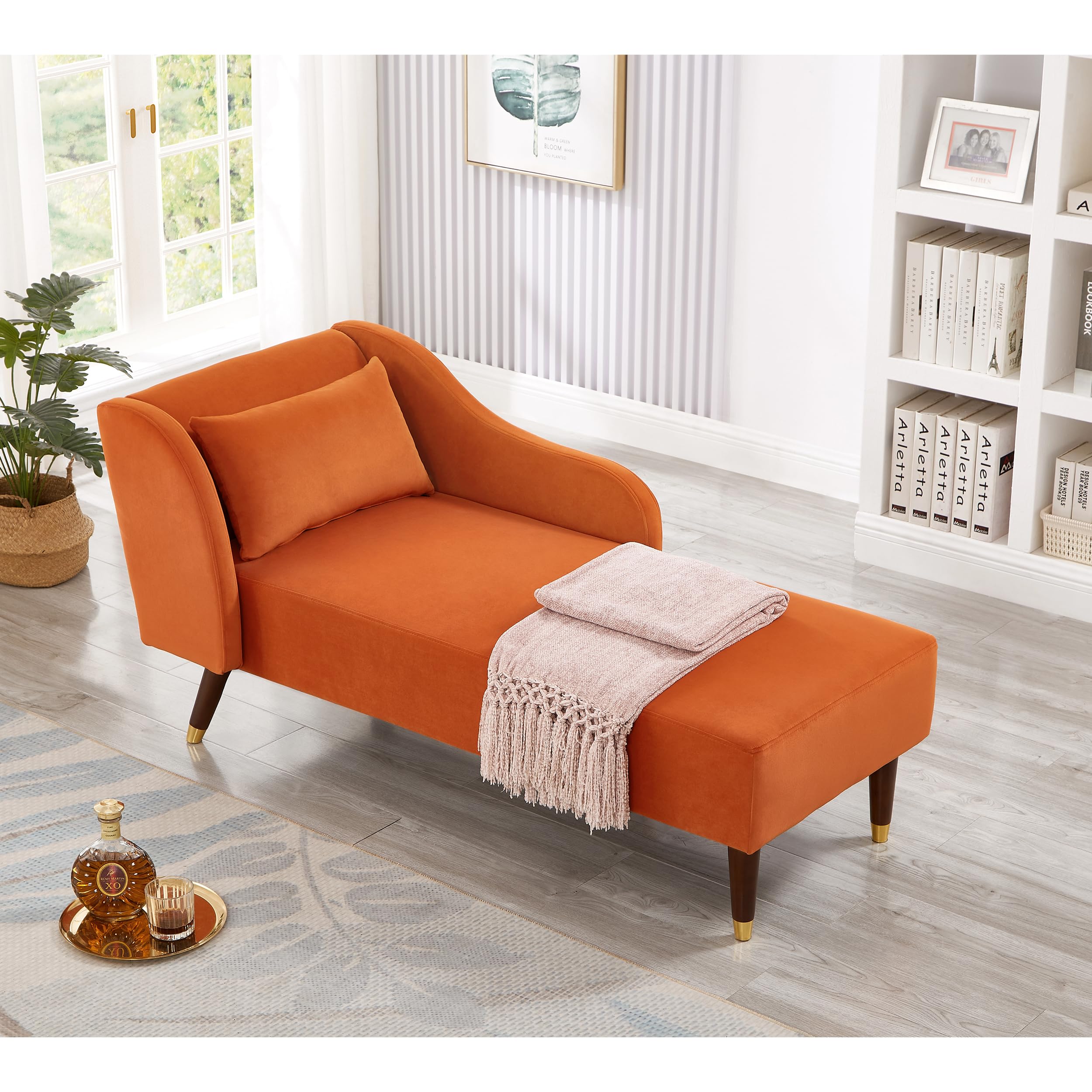 Velvet Upholstered Chaise Lounge Chair with Pillow - Solid Wood Legs Modern Indoor Lounge Chair for Living Room, Bedroom & Office - Comfortable Orange Accent Furniture for Relaxing, Reading & Napping