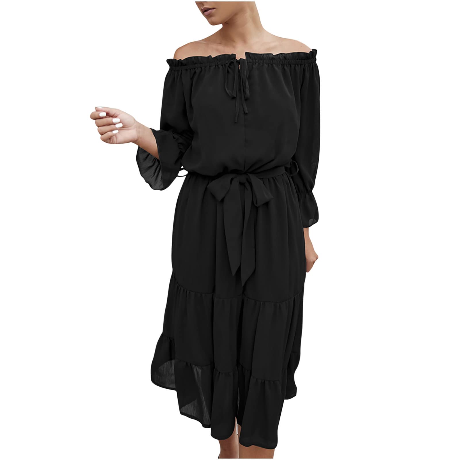 Sexy Off The Shoulder Black Dress for Women - Elegant Front Tie Long Sleeve Ruffle Tiered Midi Dress with Belt | Perfect for Date Night, Cocktail Parties & Special Occasions