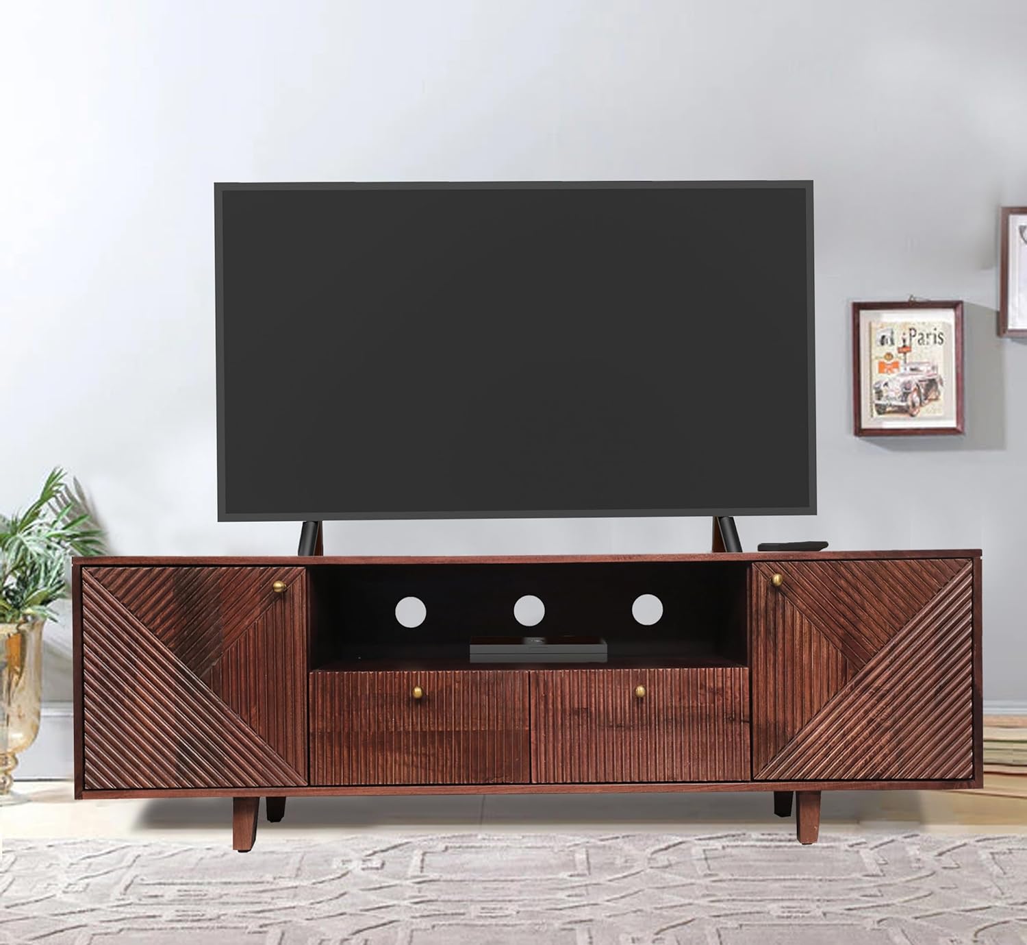Corsica Sloan Mango Wood Console Table with Wheels - Rustic Mahogany TV Stand for Living Room, Entryway, or Bedroom Storage