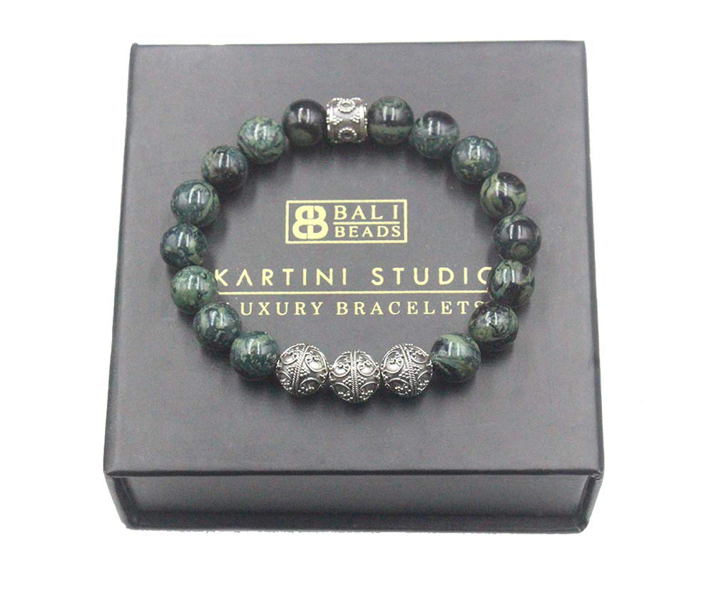 Natural Dark Green Nephrite Jade & Sterling Silver Men's Bracelet - 10mm Round Gemstone Beads for Spiritual Healing, Meditation & Fashion Accessories