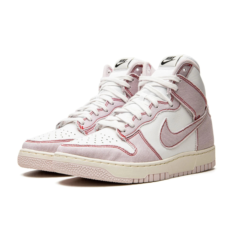 Nike Dunk High 1985 Barely Rose Denim Light Pink White Red Sneakers - Women's Retro Basketball Shoes for Casual Wear & Street Fashion