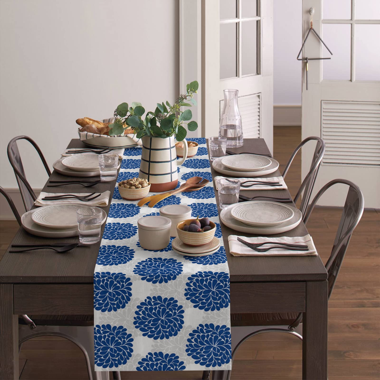 Blue Floral Burlap Table Runner 36 Inch - Farmhouse Linen Table Scarf for Kitchen, Dining, Coffee Table, Wedding & Banquet Decor - Hydrangea Pattern Gray Home Decoration