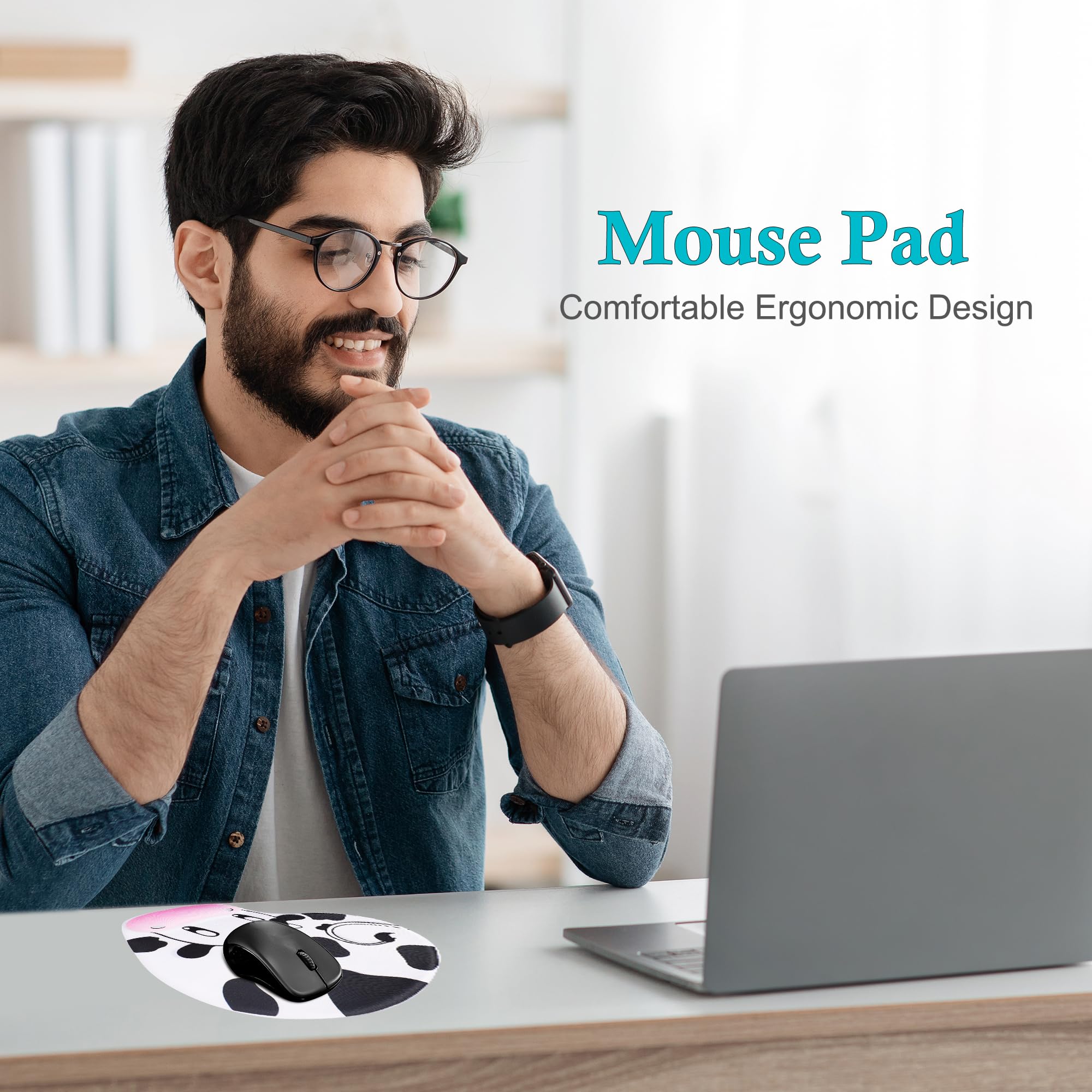 Ergonomic Mouse Pad with Wrist Support - Cute Cow Print Design, Non-Slip Rubber Base, Comfortable for Office & Home Use (9.1 x 7.5 Inches, Black & White) - Perfect for Long Computer Work Sessions, Gaming, and Typing Comfort