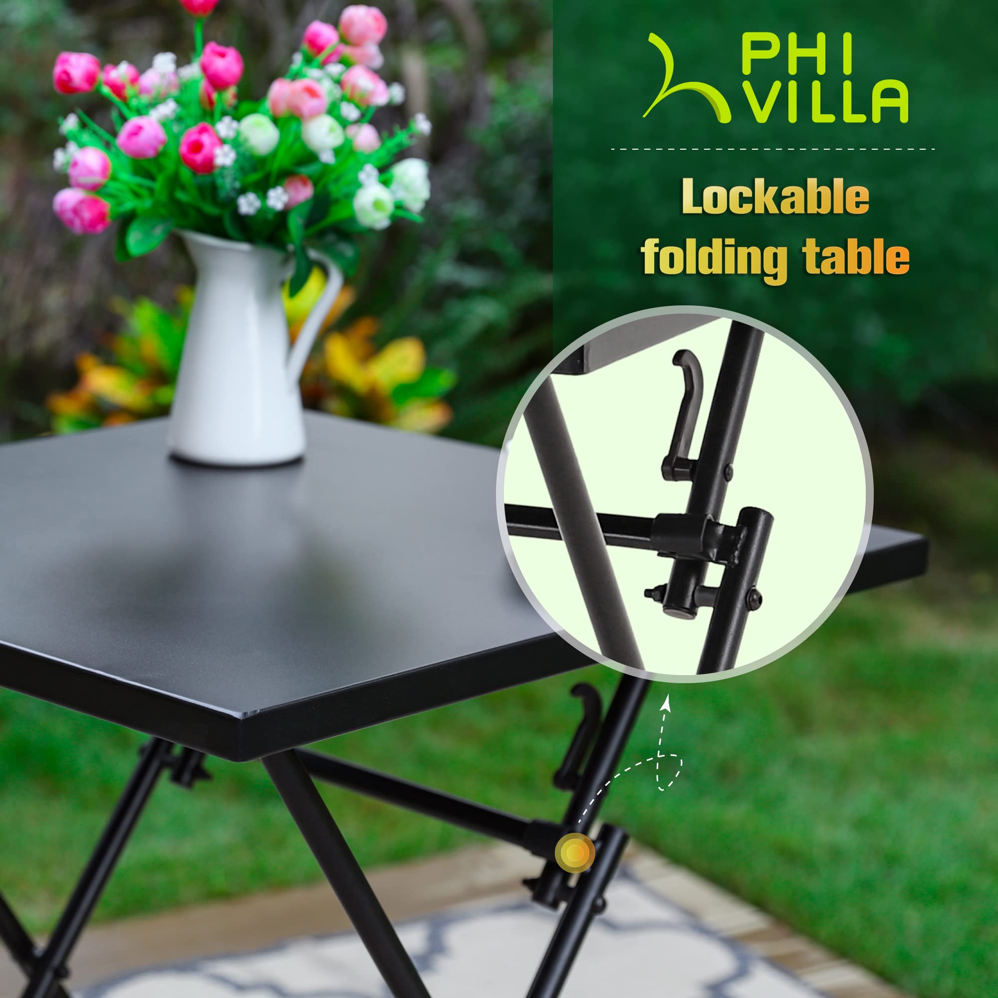 PHI VILLA Outdoor Patio Bistro Set - 2 Pack Foldable Metal Steel Coffee Tables for Garden, Balcony & Backyard | Perfect with Outdoor Sofa & Chairs | Weather-Resistant Patio Furniture for Dining & Relaxing