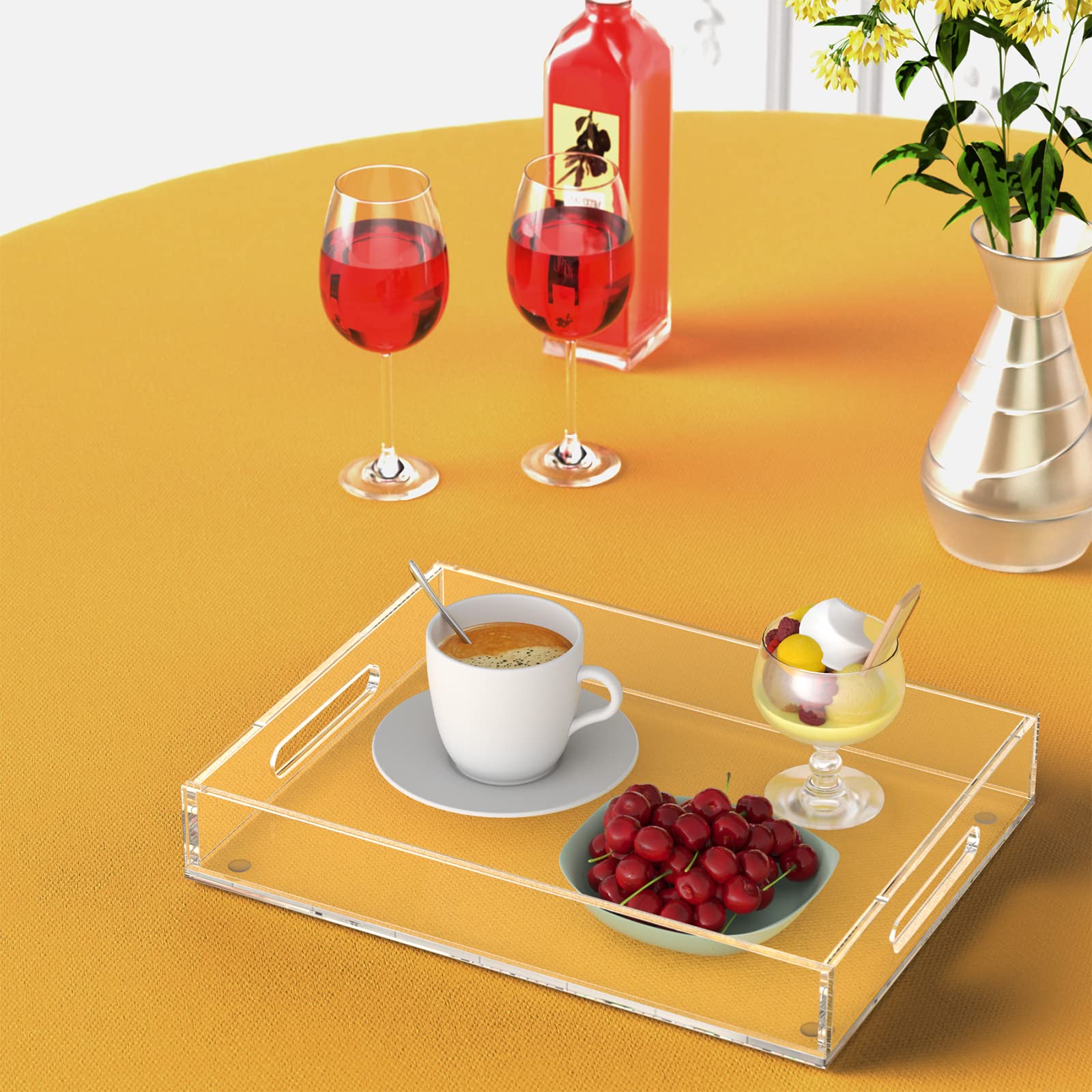 Clear Acrylic Serving Tray with Handles - 16x12x2.36 Inch Decorative Letter Tray Organizer for Coffee Table, Ottoman & Countertop - Perfect for Breakfast in Bed, Party Serving & Home Organization