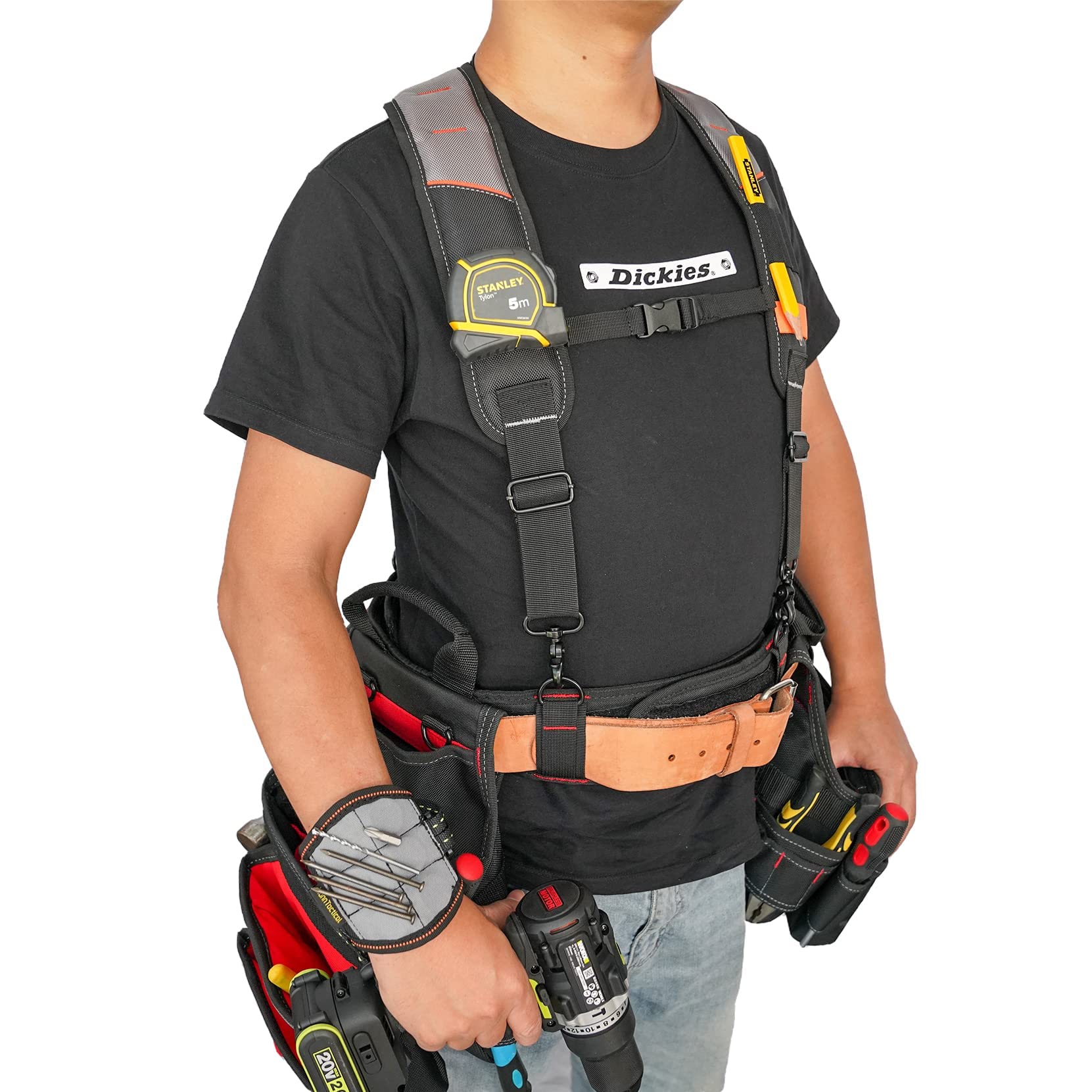 KUNN Tool Belt Suspender with Magnetic Wristband - Heavy Duty Work Belt for Carpenters, Electricians & Framers (Gray) - Perfect for Construction, Woodworking & DIY Projects