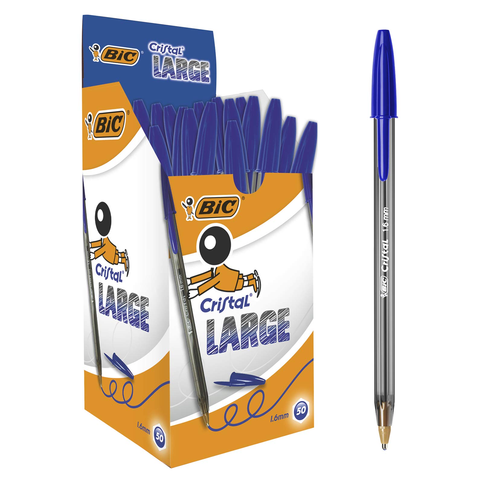 BIC Cristal Large Wide Point Ballpoint Pens - Smooth Ink Flow, Lightly Smoked Barrel, Blue Ink (Pack of 50) - Perfect for Office, School, Note Taking & Everyday Writing