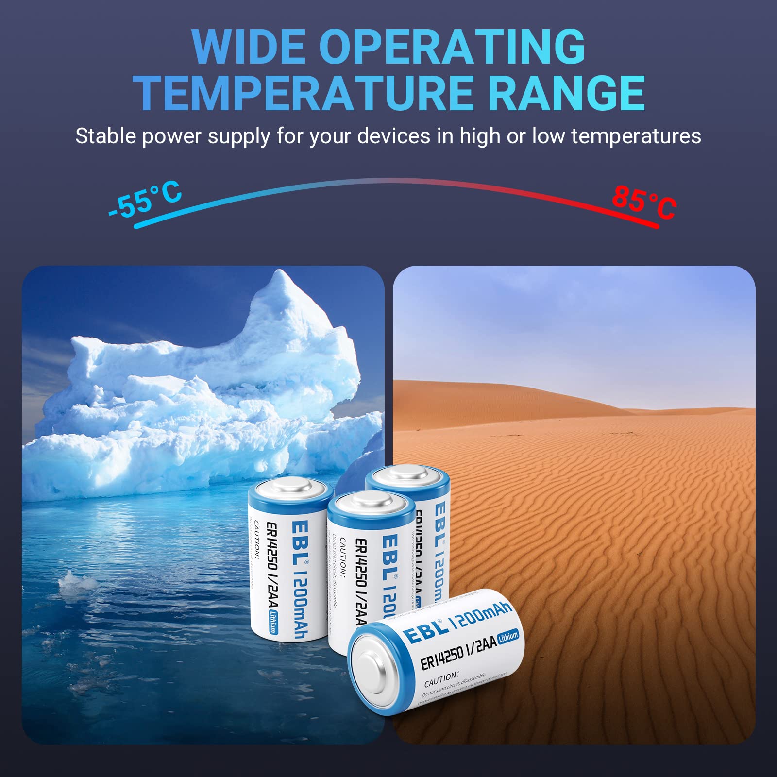 EBL ER14250 3.6V 1200mAh 1/2 AA Lithium Non-Rechargeable Batteries - Long Lasting Power for Medical Devices, Security Systems & Industrial Equipment