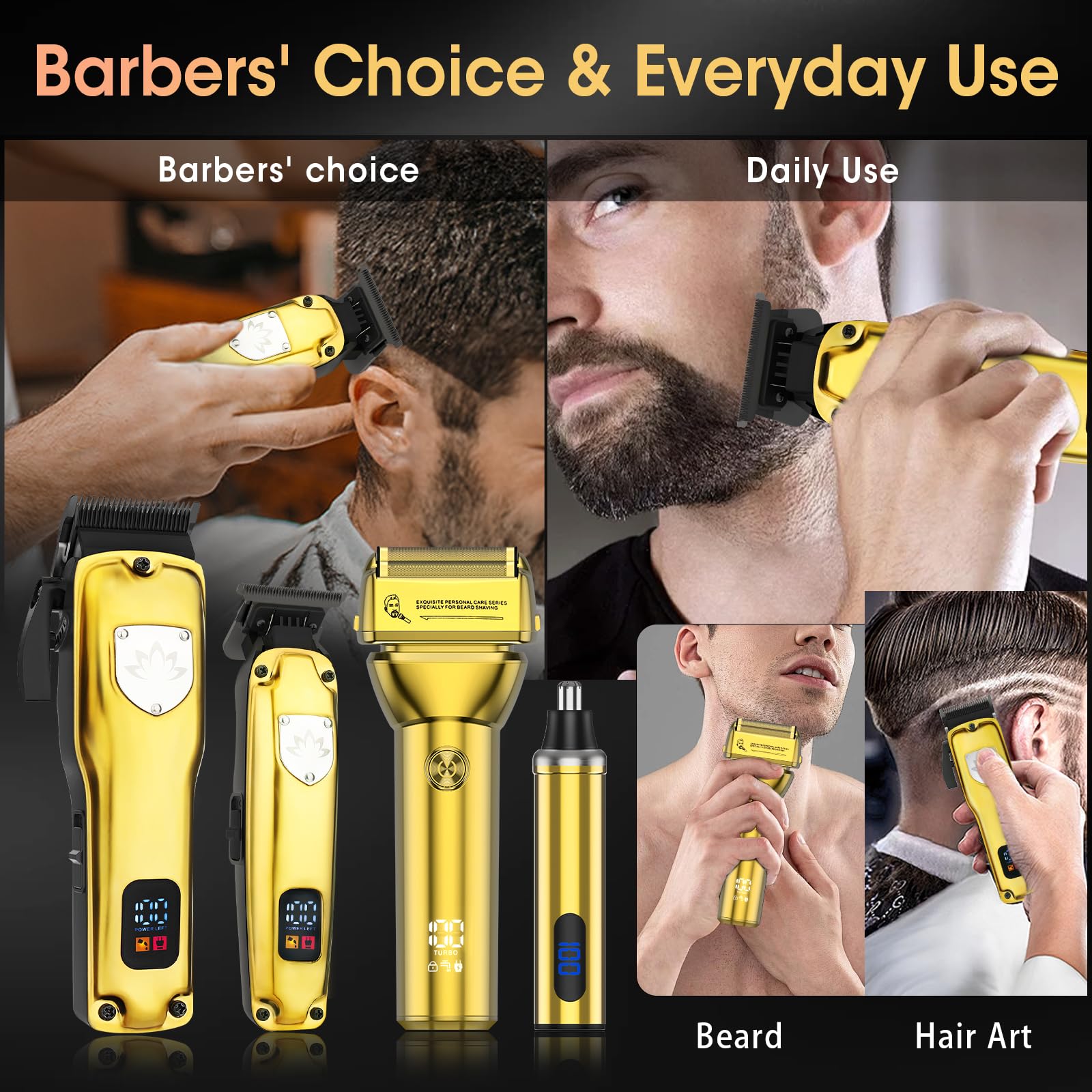 Professional Cordless Hair Clippers for Men - T-Blade Trimmer & Nose Hair Trimmer Electric Shaver Set with LED Display | Barber Grooming Kit for Home & Salon Use | Perfect Gift for Dad, Husband & Men (Gold)